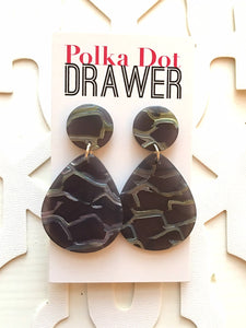 Gray Crackle Shell Teardrop earrings, round circle earrings, tortoise jewelry, smoke gray earrings, tortoise blush acetate earring glitter