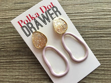 Load image into Gallery viewer, Lavender Glitter earrings, brass jewelry, gold geometric earrings pierced dangle drop Statement gold metal brass, purple jewelry