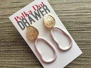 Lavender Glitter earrings, brass jewelry, gold geometric earrings pierced dangle drop Statement gold metal brass, purple jewelry