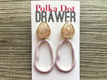 Load image into Gallery viewer, Lavender Glitter earrings, brass jewelry, gold geometric earrings pierced dangle drop Statement gold metal brass, purple jewelry