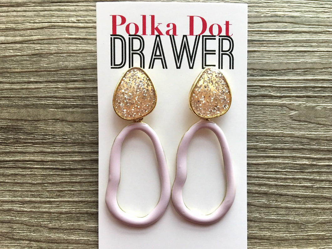 Lavender Glitter earrings, brass jewelry, gold geometric earrings pierced dangle drop Statement gold metal brass, purple jewelry