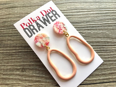 Peach Tie Dye earrings, brass jewelry, gold geometric earrings pierced dangle drop Statement gold metal brass pink red blue