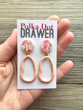 Load image into Gallery viewer, Peach Tie Dye earrings, brass jewelry, gold geometric earrings pierced dangle drop Statement gold metal brass pink red blue
