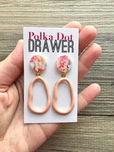 Peach Tie Dye earrings, brass jewelry, gold geometric earrings pierced dangle drop Statement gold metal brass pink red blue