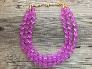 Orchid Chunky Statement Necklace & Stretch Bracelet set, Triple Strand Beaded Jewelry, purple pink jewelry, bridesmaid gold jelly bean