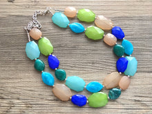Load image into Gallery viewer, Beachy Blue Statement Necklace, chunky bib beaded jewelry, neutral jewelry, champagne blue green necklace, beaded acrylic jewelry