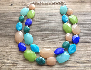 Beachy Blue Statement Necklace, chunky bib beaded jewelry, neutral jewelry, champagne blue green necklace, beaded acrylic jewelry