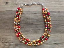 Load image into Gallery viewer, Metallic Harvest Statement Necklace, fall colors Mustard Gold Necklace, Triple Strand Statement necklace, vintage gold necklace, chunky