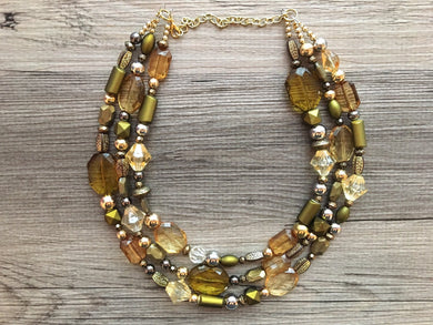 Metallic & Olive 3 Strand statement necklace, big beaded necklace, chunky jewelry, green necklace, gold necklace, multi-strand bib jewelry