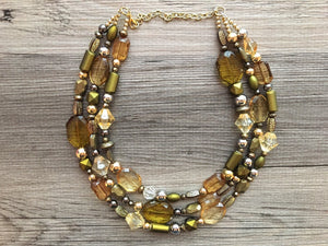 Metallic & Olive 3 Strand statement necklace, big beaded necklace, chunky jewelry, green necklace, gold necklace, multi-strand bib jewelry