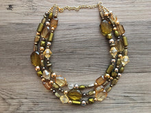 Load image into Gallery viewer, Metallic &amp; Olive 3 Strand statement necklace, big beaded necklace, chunky jewelry, green necklace, gold necklace, multi-strand bib jewelry