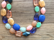 Load image into Gallery viewer, Peachy Ocean Breeze Statement Necklace, chunky bib beaded jewelry, neutral jewelry, blue turquoise necklace, beaded acrylic jewelry