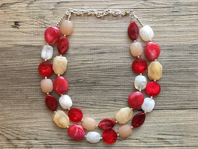 Paris Cafe Statement Necklace, chunky bib beaded jewelry, neutral jewelry, red tan champagne necklace, beaded acrylic jewelry