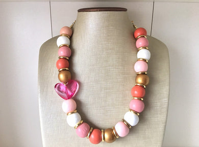 Be Mine Valentine Statement Necklace, single strand coral wood jewelry, chunky statement necklace, pink necklace, geometric necklace