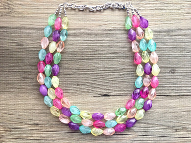 Triple Pastel Rainbow Beaded Necklace, Colorful Jewelry, Chunky statement necklace, rainbow jewelry, rainbow baby confetti mint pink