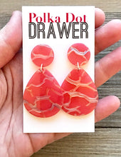 Load image into Gallery viewer, Red &amp; Silver Crackle Shell Teardrop earrings, round circle earrings, tortoise jewelry, red earrings, tortoise hoops, red acetate earring