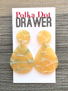 Yellow & Silver Crackle Shell Teardrop earrings, round circle earrings, tortoise jewelry, yellow rainbow earrings blonde acetate earring