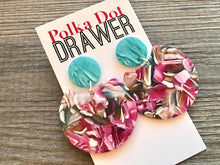 Load image into Gallery viewer, Mint &amp; Pink Statement earrings, round circle earrings, tortoise jewelry, mosaic laser cut acetate earring, geometric drop dangle