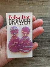 Load image into Gallery viewer, Purple &amp; Silver Crackle Shell Teardrop earrings, round circle earrings, tortoise jewelry, purple rainbow earrings rainbow acetate earring