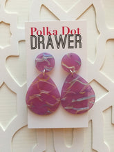 Load image into Gallery viewer, Purple &amp; Silver Crackle Shell Teardrop earrings, round circle earrings, tortoise jewelry, purple rainbow earrings rainbow acetate earring