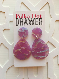 Purple & Silver Crackle Shell Teardrop earrings, round circle earrings, tortoise jewelry, purple rainbow earrings rainbow acetate earring