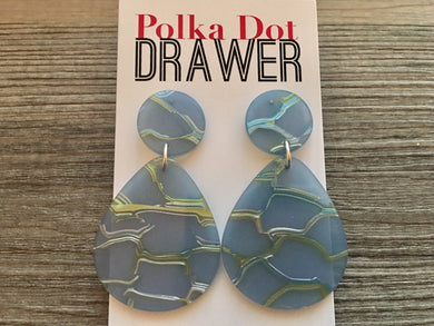 Blue Gray & Silver Crackle Shell Teardrop earrings, round circle earrings, tortoise jewelry, cornflower rainbow earrings acetate earring