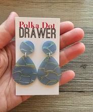 Load image into Gallery viewer, Blue Gray &amp; Silver Crackle Shell Teardrop earrings, round circle earrings, tortoise jewelry, cornflower rainbow earrings acetate earring