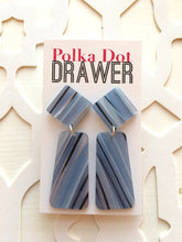 Load image into Gallery viewer, Soft Blue Striped Statement Earrings, Blue drop Earrings, Pencil jewelry earrings metal geometric, dangle large earrings light blue
