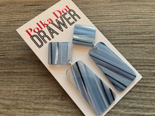 Load image into Gallery viewer, Soft Blue Striped Statement Earrings, Blue drop Earrings, Pencil jewelry earrings metal geometric, dangle large earrings light blue