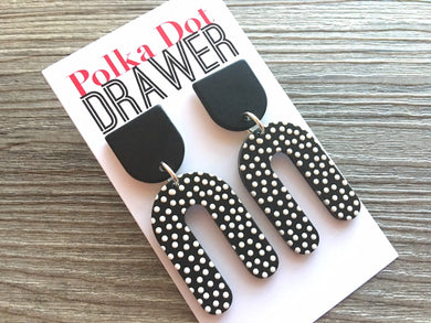 Black & White Polka Dot Statement earrings, horseshoe earrings, mosaic 3D printed laser cut acetate geometric drop dangle
