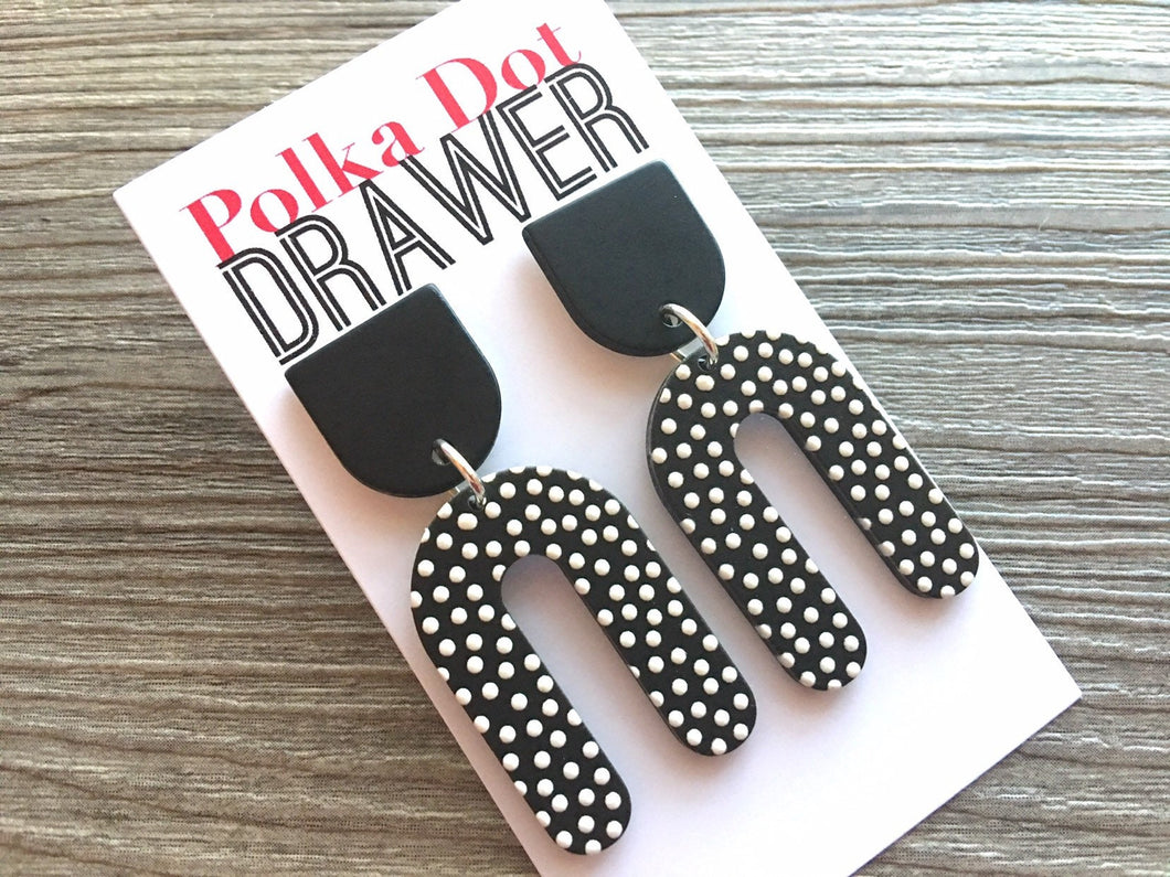 Black & White Polka Dot Statement earrings, horseshoe earrings, mosaic 3D printed laser cut acetate geometric drop dangle
