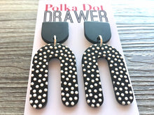 Load image into Gallery viewer, Black &amp; White Polka Dot Statement earrings, horseshoe earrings, mosaic 3D printed laser cut acetate geometric drop dangle