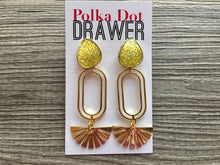 Load image into Gallery viewer, Lemon Lime Glitter &amp; Gold Sunbeam earrings, oval earrings, tortoise jewelry, gold geometric earrings pierced dangle drop Statement