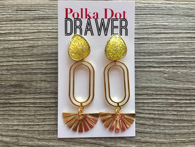 Lemon Lime Glitter & Gold Sunbeam earrings, oval earrings, tortoise jewelry, gold geometric earrings pierced dangle drop Statement