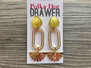 Lemon Lime Glitter & Gold Sunbeam earrings, oval earrings, tortoise jewelry, gold geometric earrings pierced dangle drop Statement