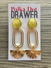 Load image into Gallery viewer, Lemon Lime Glitter &amp; Gold Sunbeam earrings, oval earrings, tortoise jewelry, gold geometric earrings pierced dangle drop Statement