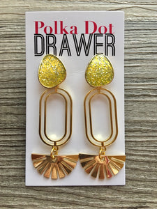 Lemon Lime Glitter & Gold Sunbeam earrings, oval earrings, tortoise jewelry, gold geometric earrings pierced dangle drop Statement