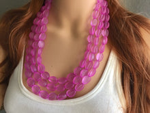 Load image into Gallery viewer, Orchid Chunky Statement Necklace &amp; Stretch Bracelet set, Triple Strand Beaded Jewelry, purple pink jewelry, bridesmaid gold jelly bean