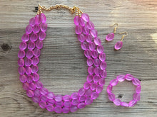 Load image into Gallery viewer, Orchid Chunky Statement Necklace &amp; Stretch Bracelet set, Triple Strand Beaded Jewelry, purple pink jewelry, bridesmaid gold jelly bean