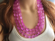 Load image into Gallery viewer, Orchid Chunky Statement Necklace &amp; Stretch Bracelet set, Triple Strand Beaded Jewelry, purple pink jewelry, bridesmaid gold jelly bean
