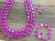Load image into Gallery viewer, Orchid Chunky Statement Necklace &amp; Stretch Bracelet set, Triple Strand Beaded Jewelry, purple pink jewelry, bridesmaid gold jelly bean