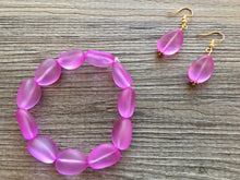 Load image into Gallery viewer, Orchid Chunky Statement Necklace &amp; Stretch Bracelet set, Triple Strand Beaded Jewelry, purple pink jewelry, bridesmaid gold jelly bean