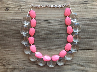Coral & Clear statement necklace and earring set, color block jewelry, pink chunky bib silver necklace, beaded jewelry resin necklace