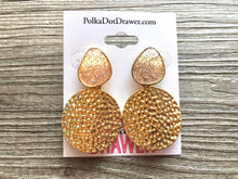 Load image into Gallery viewer, Blush Pink Glitter &amp; Gold Hammered earrings, oval earrings, tortoise jewelry, gold geometric earrings pierced dangle drop Statement gold