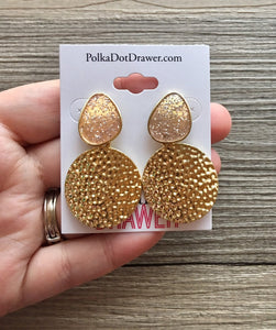 Blush Pink Glitter & Gold Hammered earrings, oval earrings, tortoise jewelry, gold geometric earrings pierced dangle drop Statement gold
