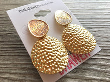 Load image into Gallery viewer, Blush Pink Glitter &amp; Gold Hammered earrings, oval earrings, tortoise jewelry, gold geometric earrings pierced dangle drop Statement gold