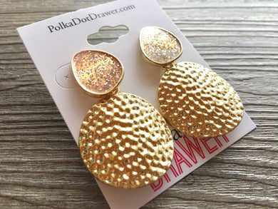 Blush Pink Glitter & Gold Hammered earrings, oval earrings, tortoise jewelry, gold geometric earrings pierced dangle drop Statement gold