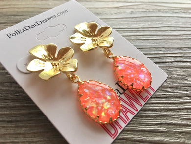 Gold Flower & Neon Coral earrings, tortoise jewelry, gold geometric earrings pierced dangle drop Statement gold metal brass