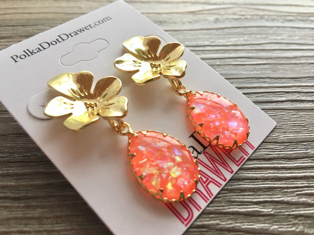 Gold Flower & Neon Coral earrings, tortoise jewelry, gold geometric earrings pierced dangle drop Statement gold metal brass