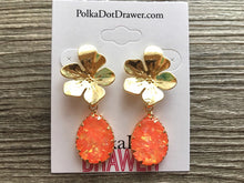 Load image into Gallery viewer, Gold Flower &amp; Neon Coral earrings, tortoise jewelry, gold geometric earrings pierced dangle drop Statement gold metal brass